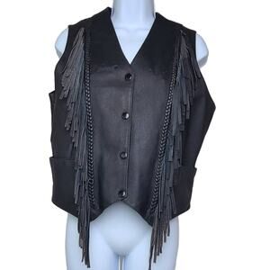 Vintage Eagle Motorcycle Vest  Black Leather Braided Fringes w/ Lace Women's M